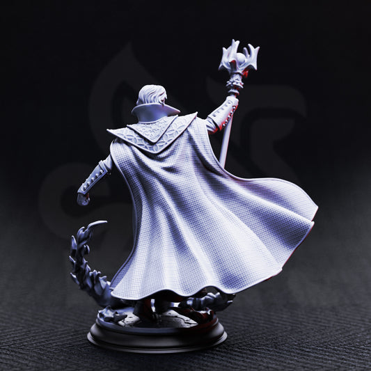 Renard the Black Hearted Vampire Haemomancer resin miniature, gothic vampire sorcerer wielding staff with blood magic flame – TTRPG villain