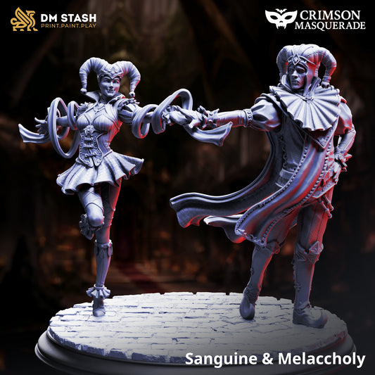 Sanguine & Melancholy vampire jester duo resin miniature – 3D printed for tabletop RPGs and collectors