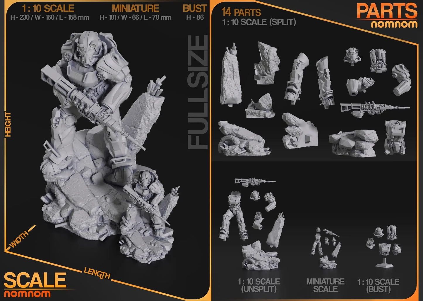 digital render showing scale options and parts layout for T-60 Power Armor Fallout 4 figure and bust