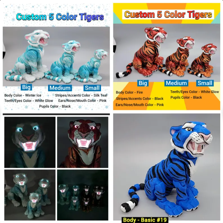 Custom Colors Tiger Toy, Figure, Fidget, 3D printed, (made to order), poseable, sensory, flexi