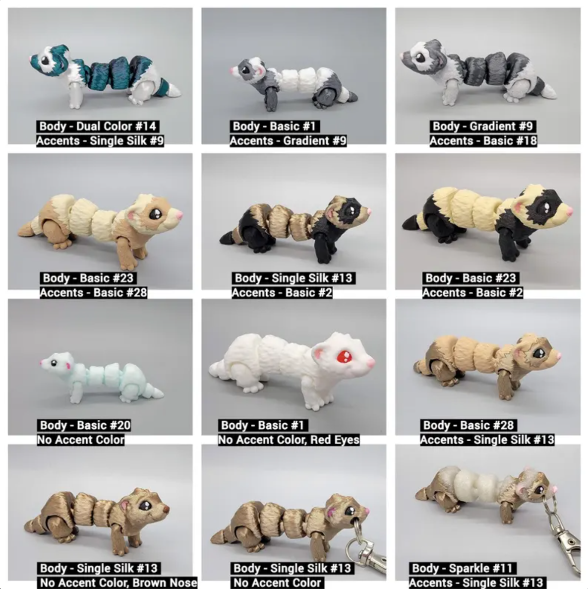 Mini Ferret Toy or Keychain – 3D Printed Fidget for Sensory Play, Customizable Colors