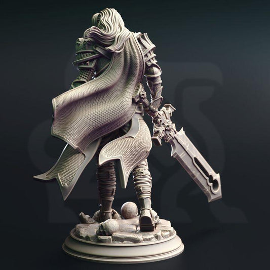 Back view of vampire knight miniature showing detailed cloak, armor, and ruined stone base with skulls