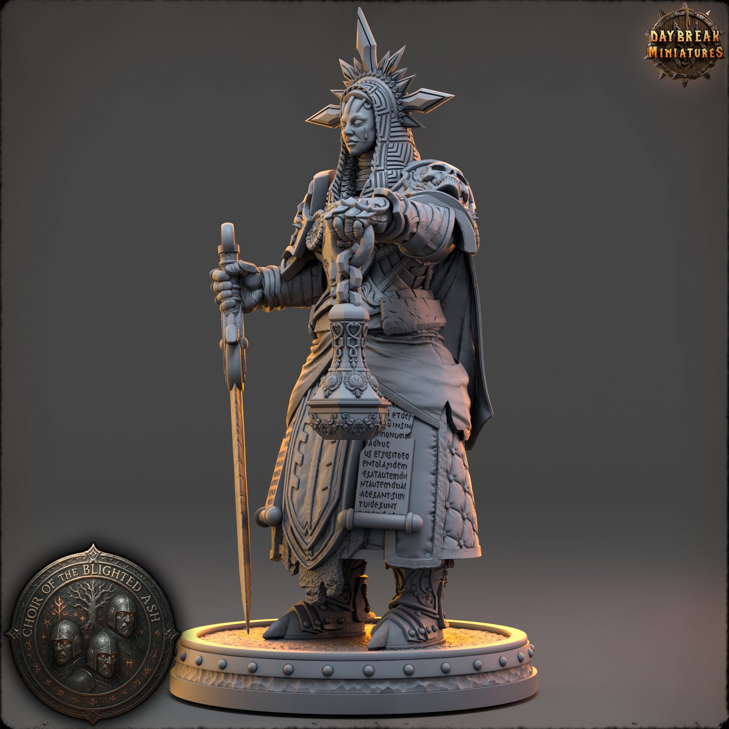 Seraphine Vale High Priestess of the Blighted Ash resin miniature by Daybreak Miniatures holding sword and censer with ornate armor | D&K Custom Prints