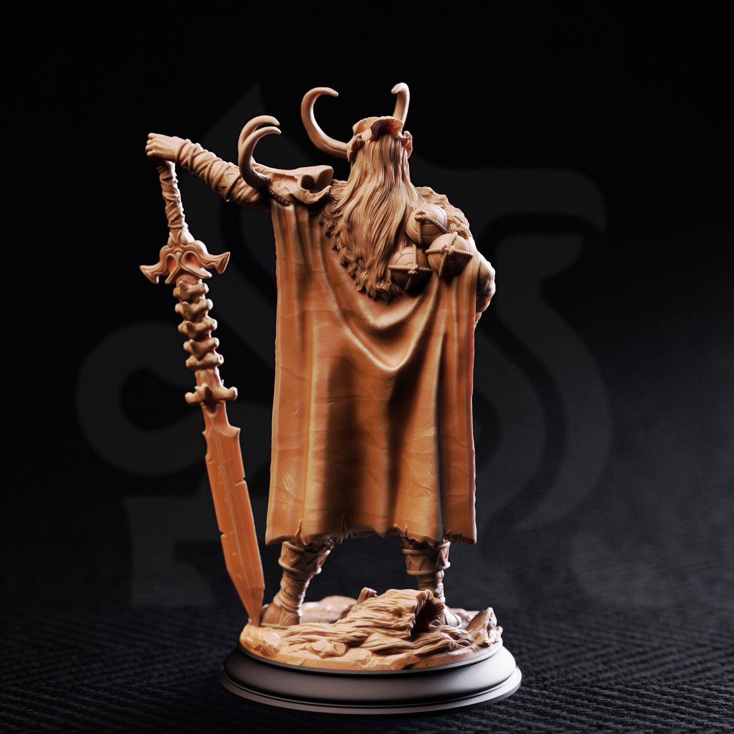 Skadi Maiden of Vengeance resin miniature featuring a northern warrior woman wielding a massive blade, available in 32mm and 75mm scales from D&K Custom Prints.