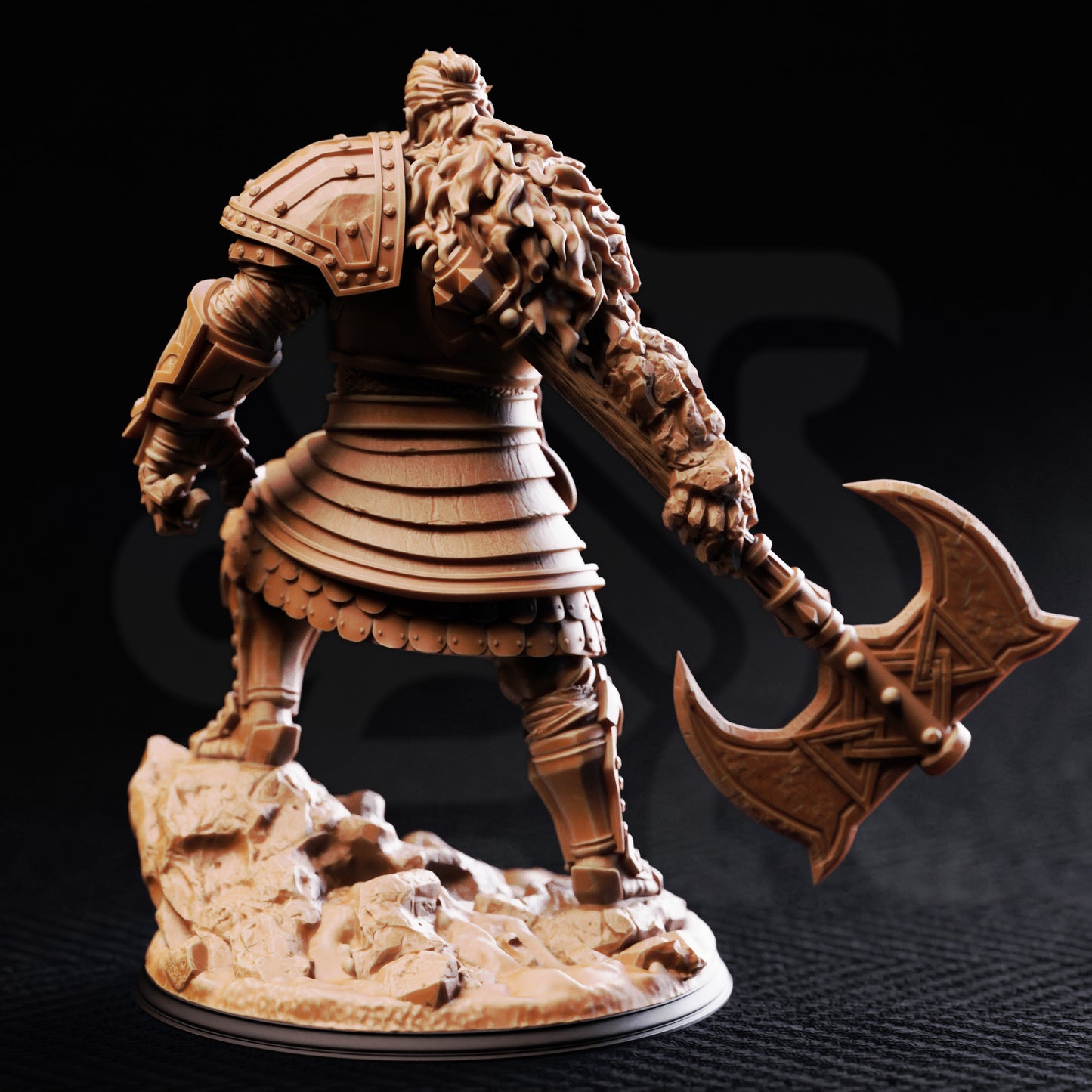 Surtrson Fire Jötunn huge 32mm resin miniature of a fire giant wielding a massive rune-carved axe, printed by D&K Custom Prints.