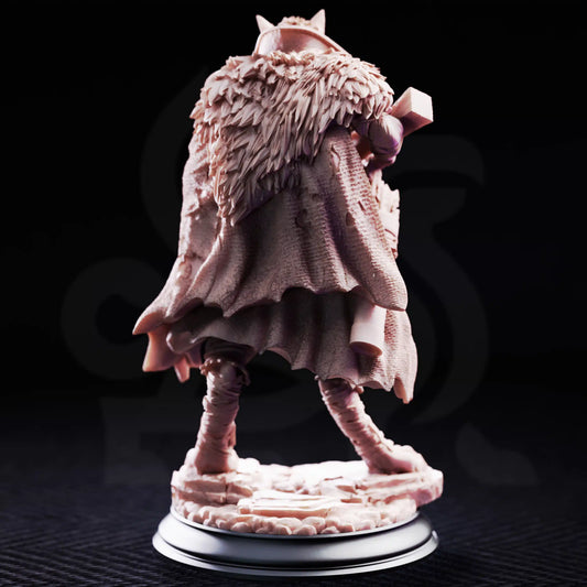 Rear view resin mini of The Big Bad showing heavy fur cape and cloak.