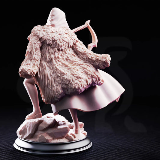 Rear view resin mini of The Crimson Hood showing thick fur cloak and dynamic stance.