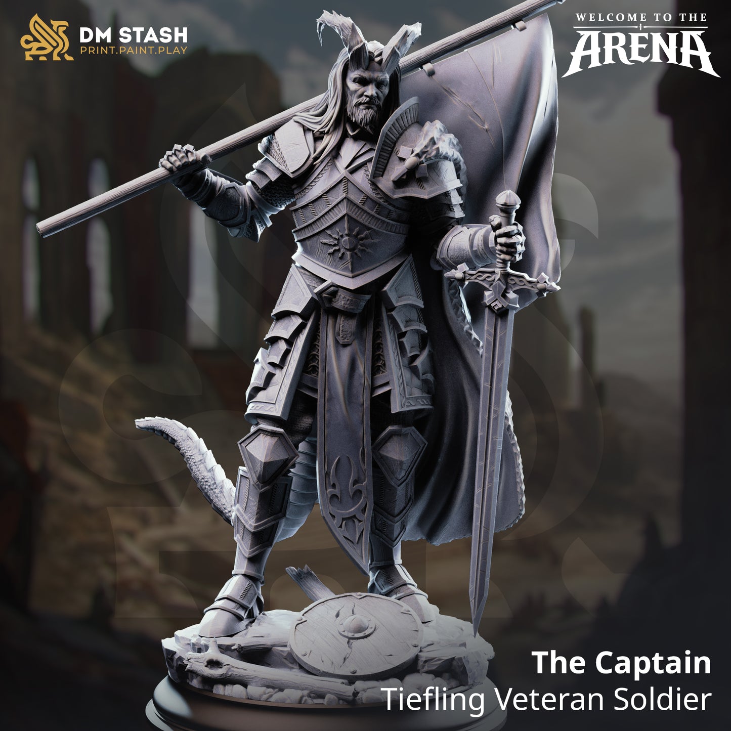 The Captain, a Tiefling Veteran Soldier resin miniature by DM Stash, wearing heavy plate armor and holding a large battle standard and longsword on a scenic base.