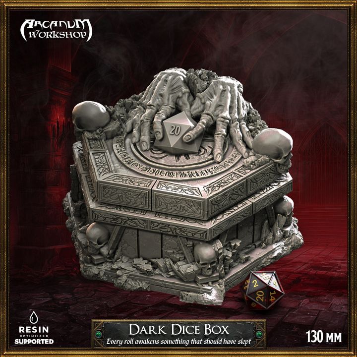 The Dark Dice Box resin dice holder with gothic sculpted details, skulls, and clawed hands, shown as a 130mm tabletop accessory