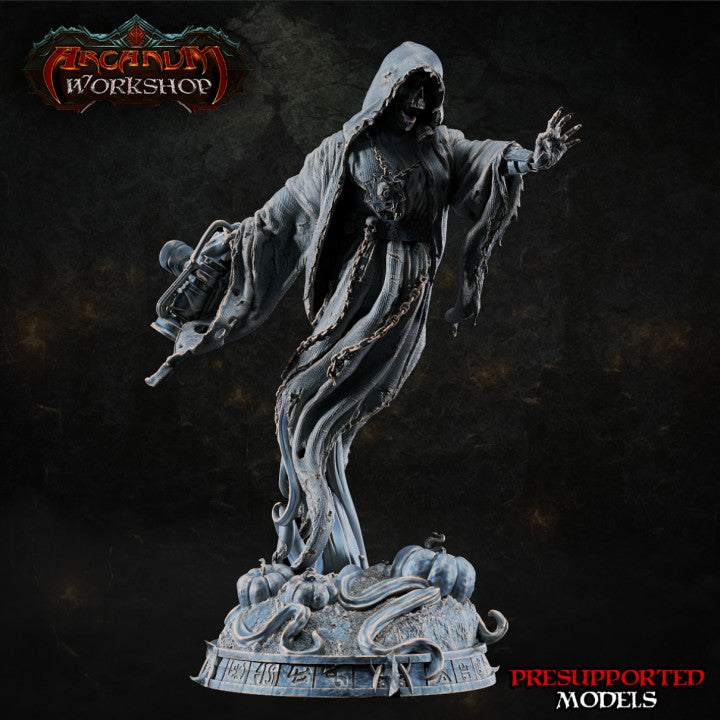 The Great Wraith resin miniature with lantern, chains, and flowing spectral base, gothic undead design shown in detailed sculpt