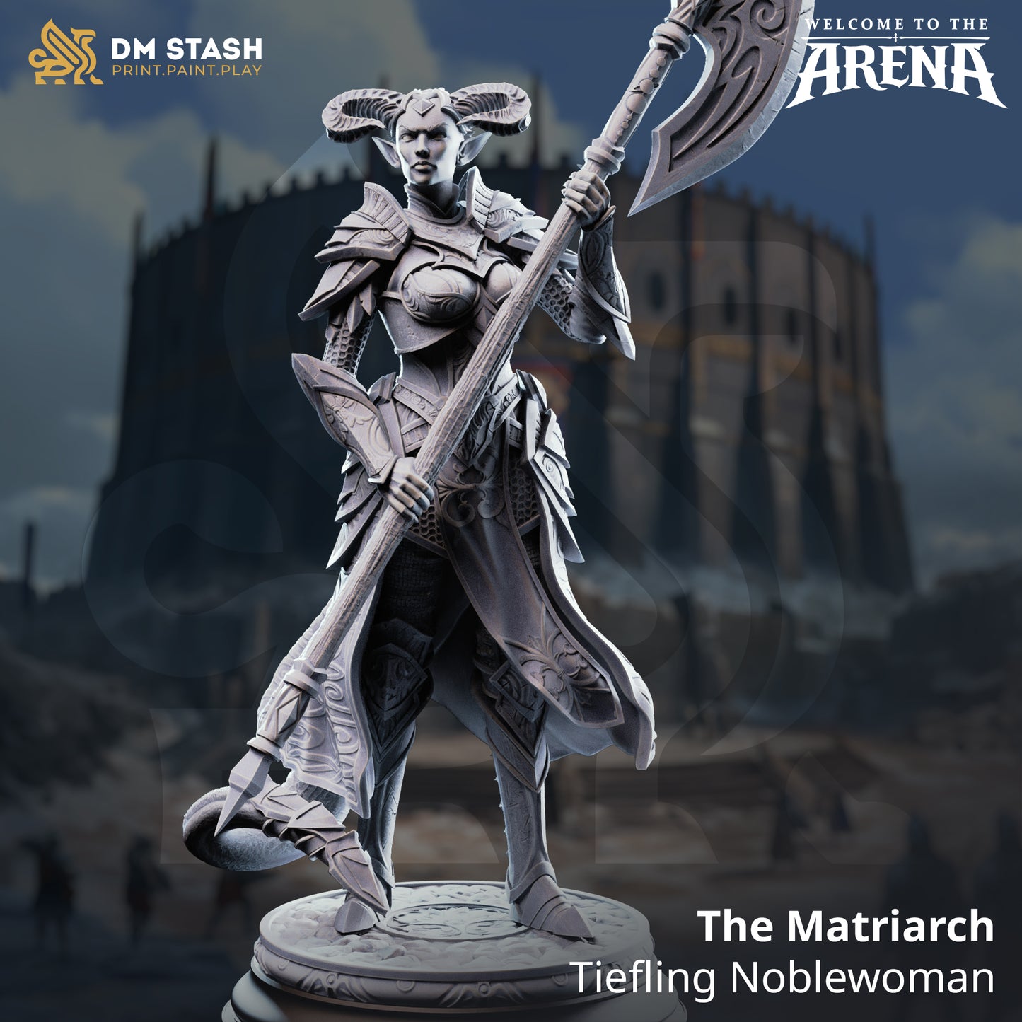The Matriarch, a Tiefling Noblewoman resin miniature by DM Stash, wearing elegant plate armor and wielding a large ornate greataxe on a decorative circular base.