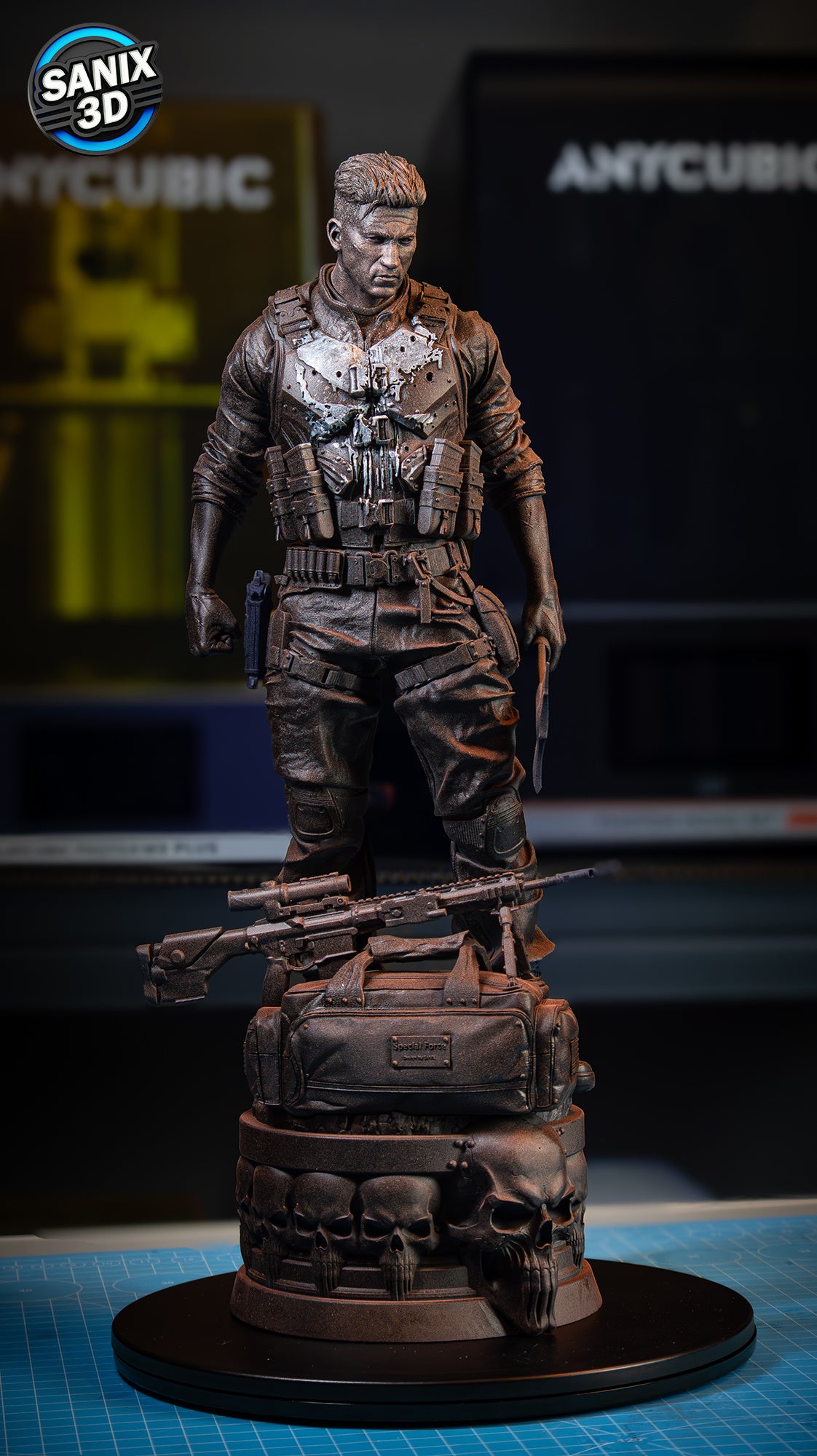 Resin fan art statue of The Punisher with axe and rifle on skull base – 3D printed collectible by D&K Custom Prints.