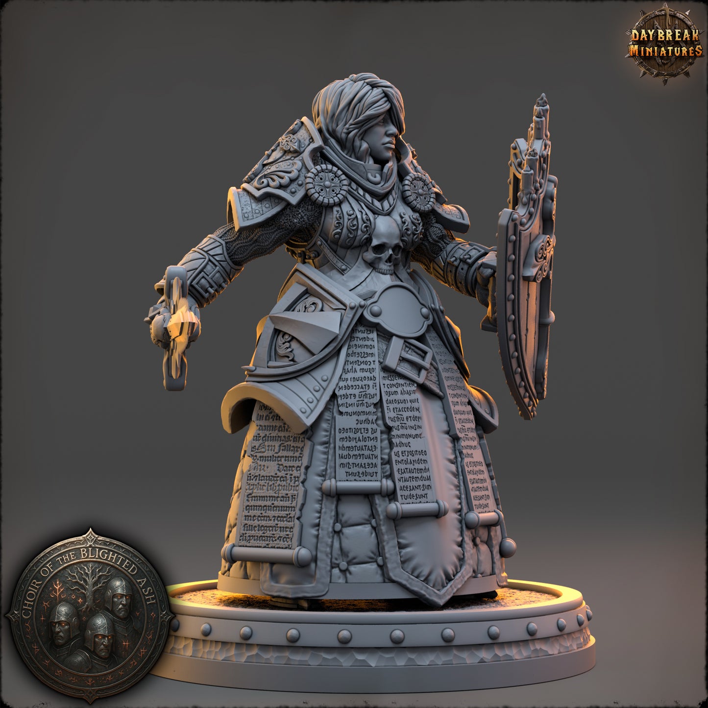 Thyra Malenholt Shieldmaiden of the Blighted Ash resin miniature by Daybreak Miniatures wielding sword and ornate shield | D&K Custom Prints
