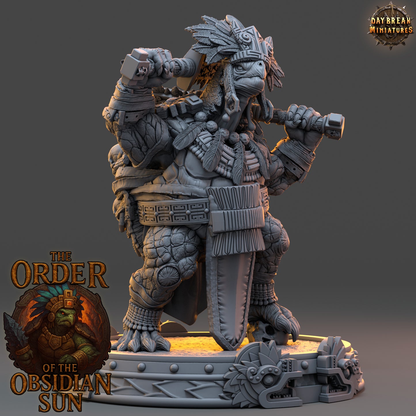 Tlamoz the Black resin miniature, tortle warlord with macuahuitl weapon and skull-covered shell, 3D printed for TTRPGs and fantasy collections.