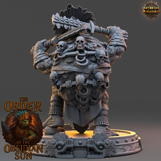 Tlamoz the Black resin miniature, tortle warlord with macuahuitl weapon and skull-covered shell, 3D printed for TTRPGs and fantasy collections.