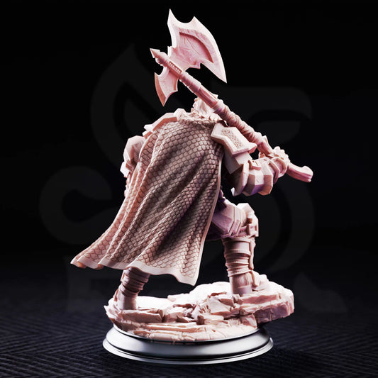 Rear view resin mini of Took Dwarven Axeman showing textured scaled cloak and double axe head back.