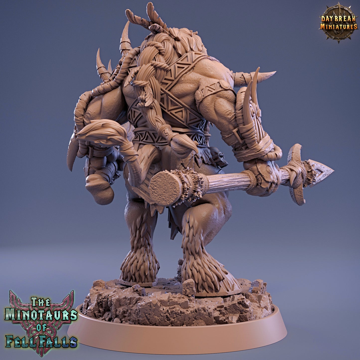 Minotaur figurine with armor and weapon on a blue background, featuring 'Daybreak Miniatures' branding.