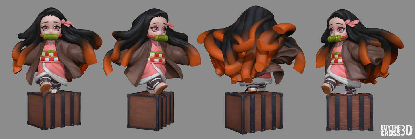 Turnaround composite of Nezuko Kamado 3D model showing front, side, back, and three-quarter views