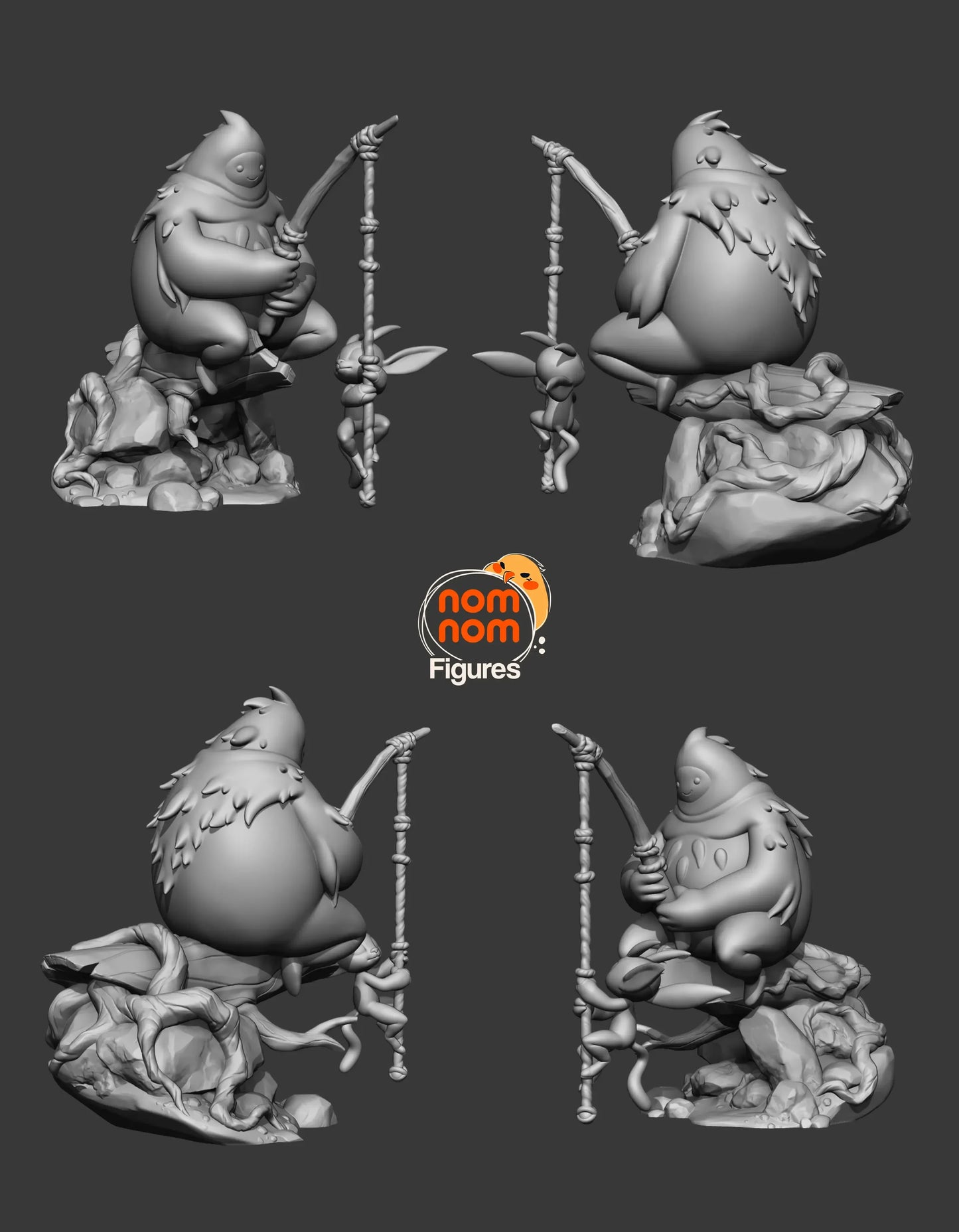 3D modeling of a character with a stick on a gray background, featuring the 'nom nom Figures' brand.