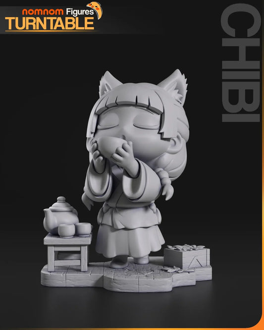 Chibi Maomao figure sipping tea on wood base 3D printed front view