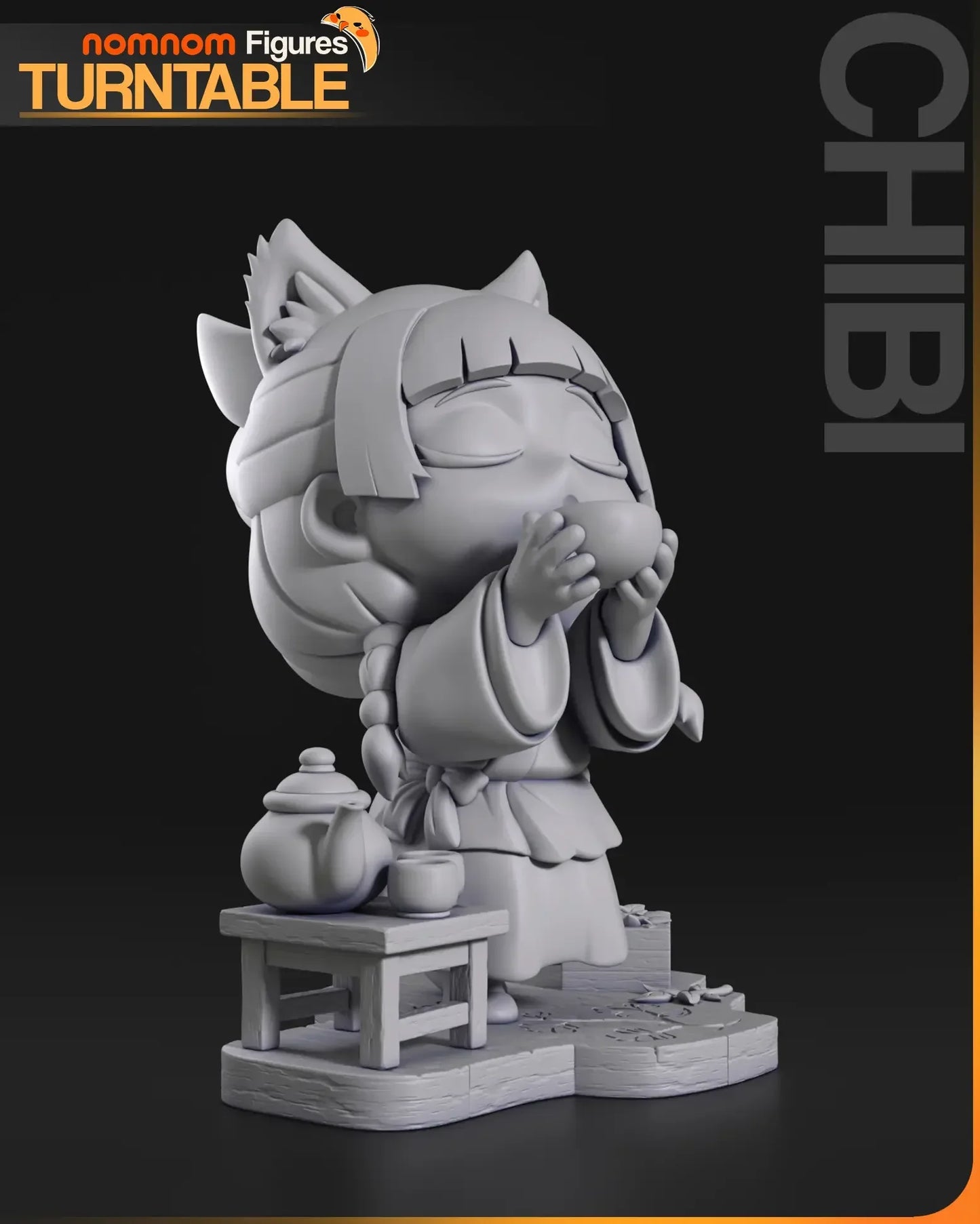 Gray resin Chibi Maomao side with fox ears and tea
