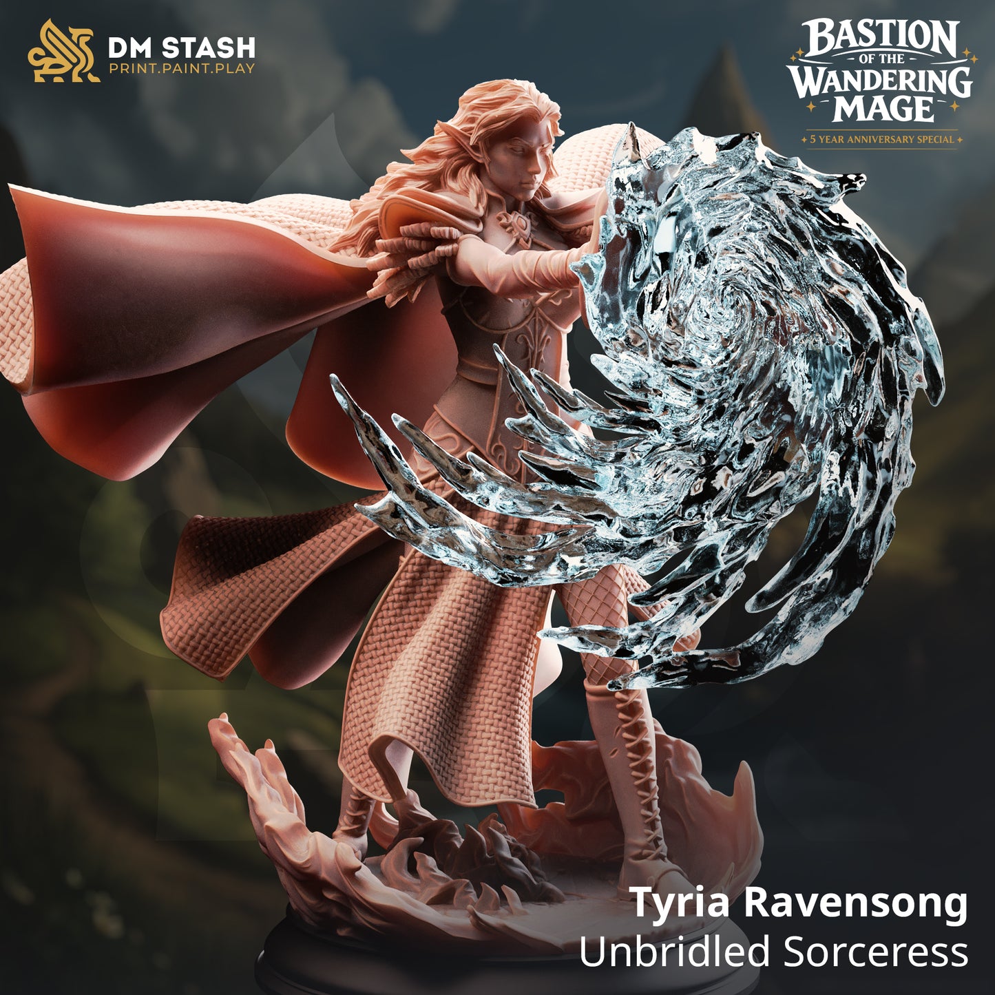 Tyria Ravensong Unbridled Sorceress resin miniature by DM Stash casting a massive wave of swirling arcane magic, printed by D&K Custom Prints.