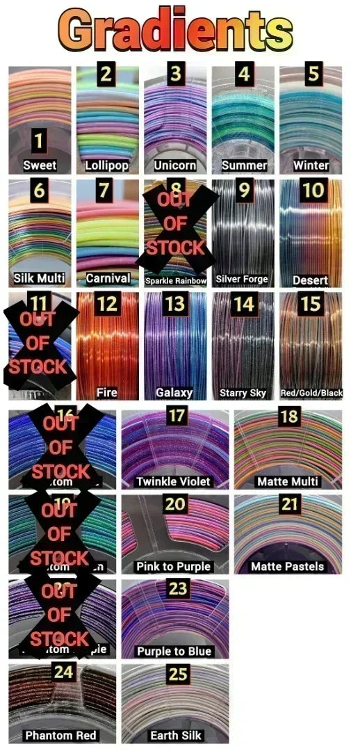 Gradient filament color chart for 3D printing with 25 multicolor styles including Sweet, Fire, Galaxy, and Earth Silk – some marked out of stock.