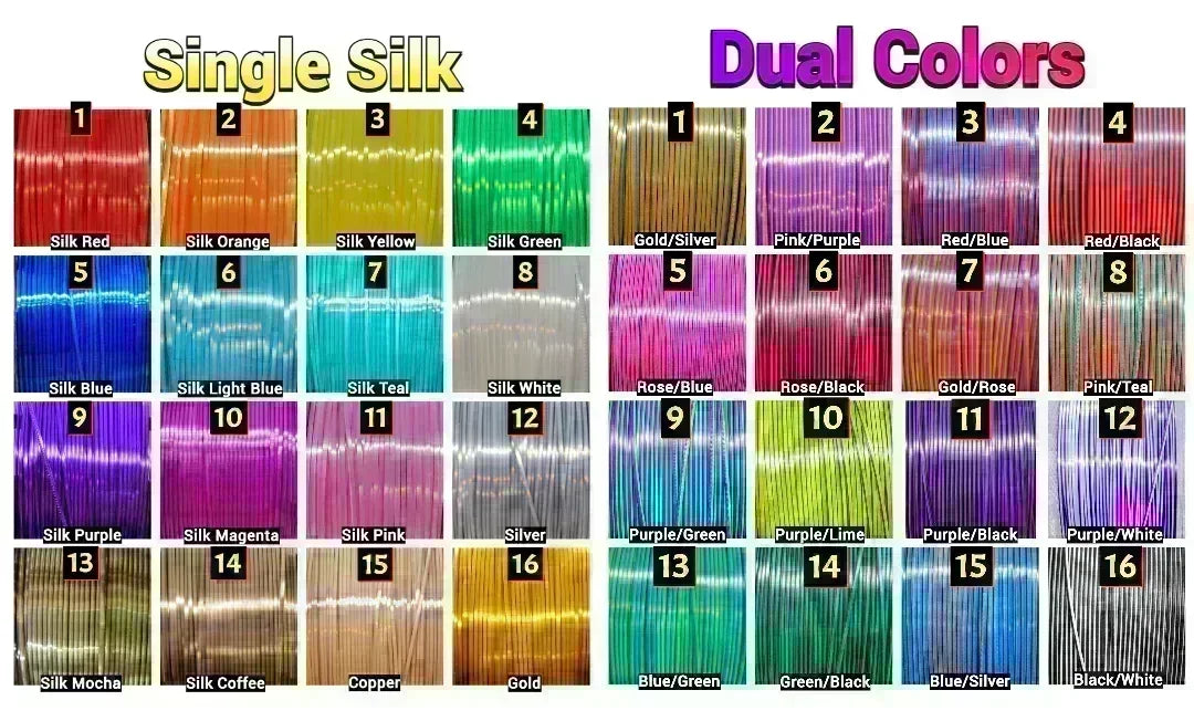 Filament color chart for Single Silk and Dual Colors – labeled swatches for metallic and two-tone 3D printing materials, ideal for toys and figures.