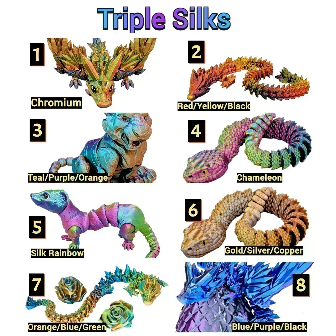 Triple Silk filament color chart with 8 multicolor options for 3D prints – includes vibrant blends like Chromium, Chameleon, and Silk Rainbow.