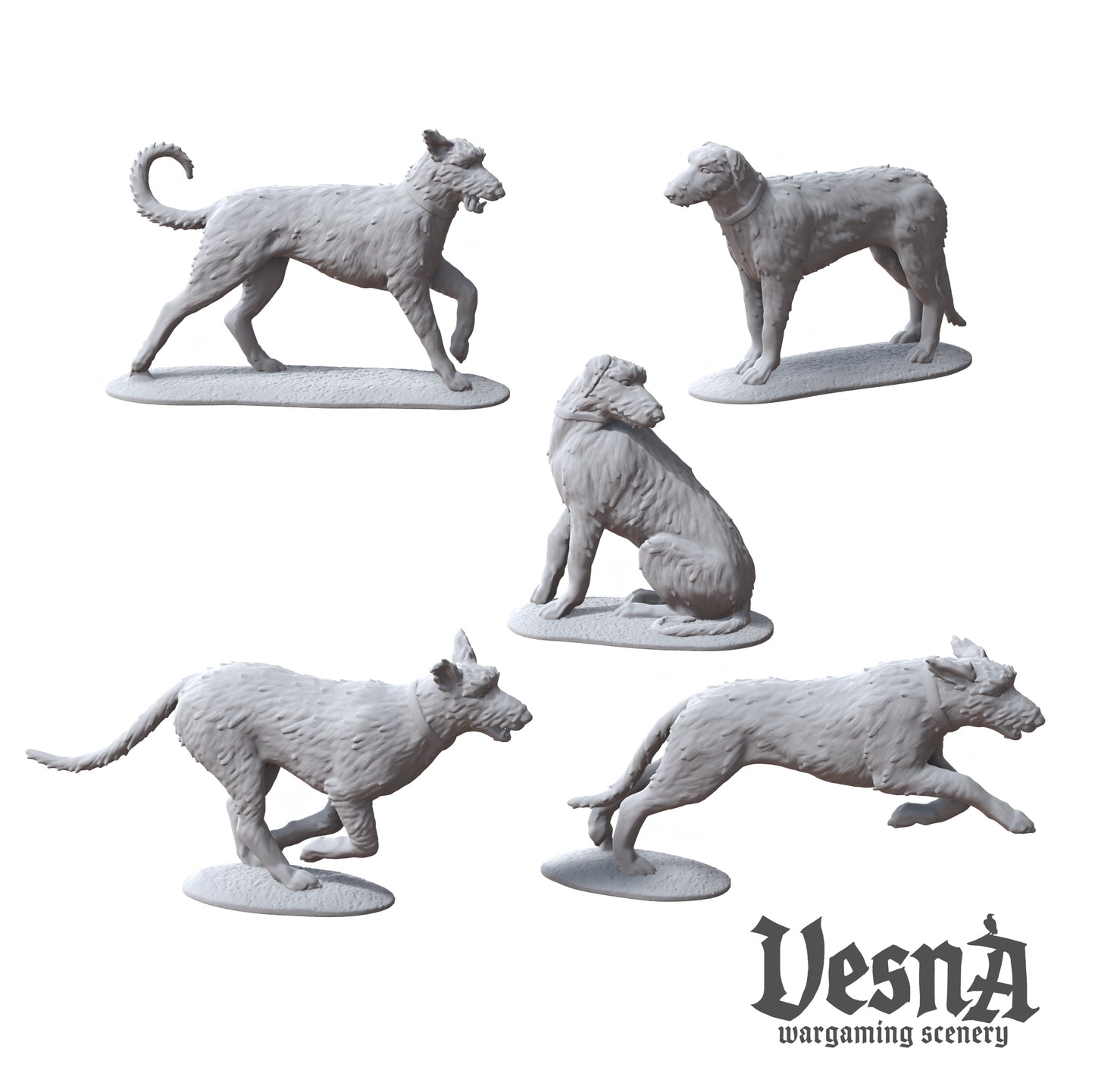Five wolfhound resin miniatures in various poses sculpted by Vesna Sculpts.