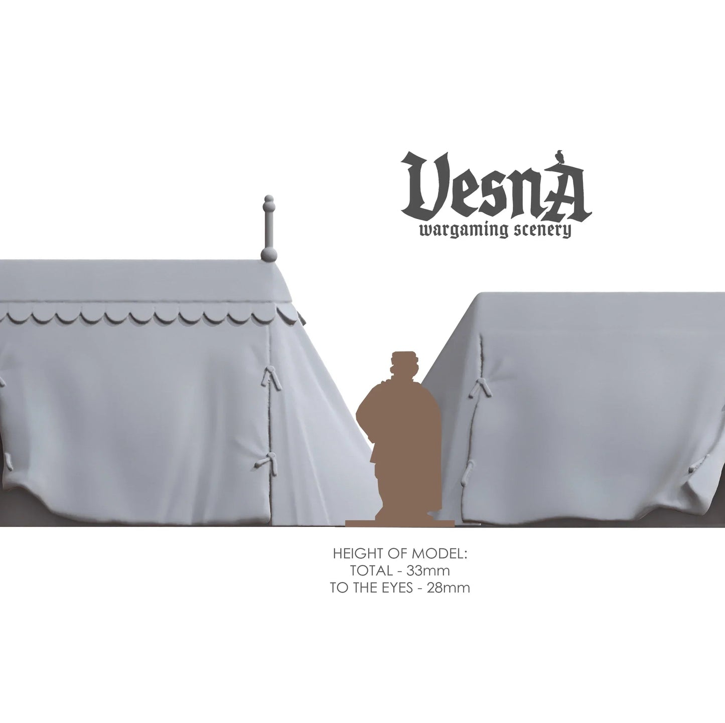 Gray wargaming scenery with Vesna branding on a white background shown at 28mm scale comparison to a miniature