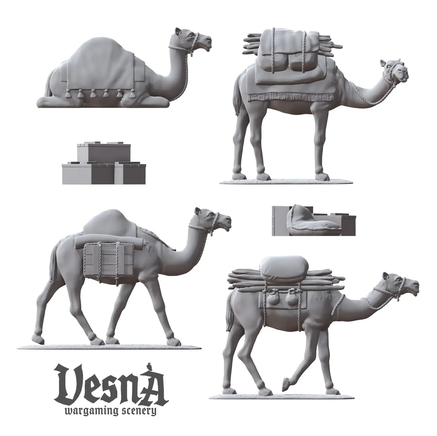 4 resin packed camel miniatures and 2 cargo piles in various poses, perfect for fantasy or historical tabletop gaming