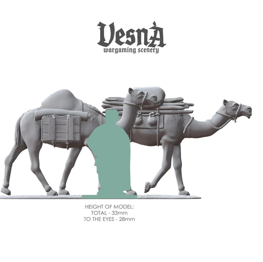 Size chart showing packed camel miniatures next to human figure, 33mm tall resin farm animals
