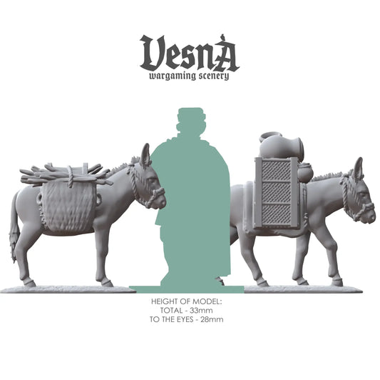 Size chart showing packed donkey miniatures next to human figure, 33mm tall resin farm animals