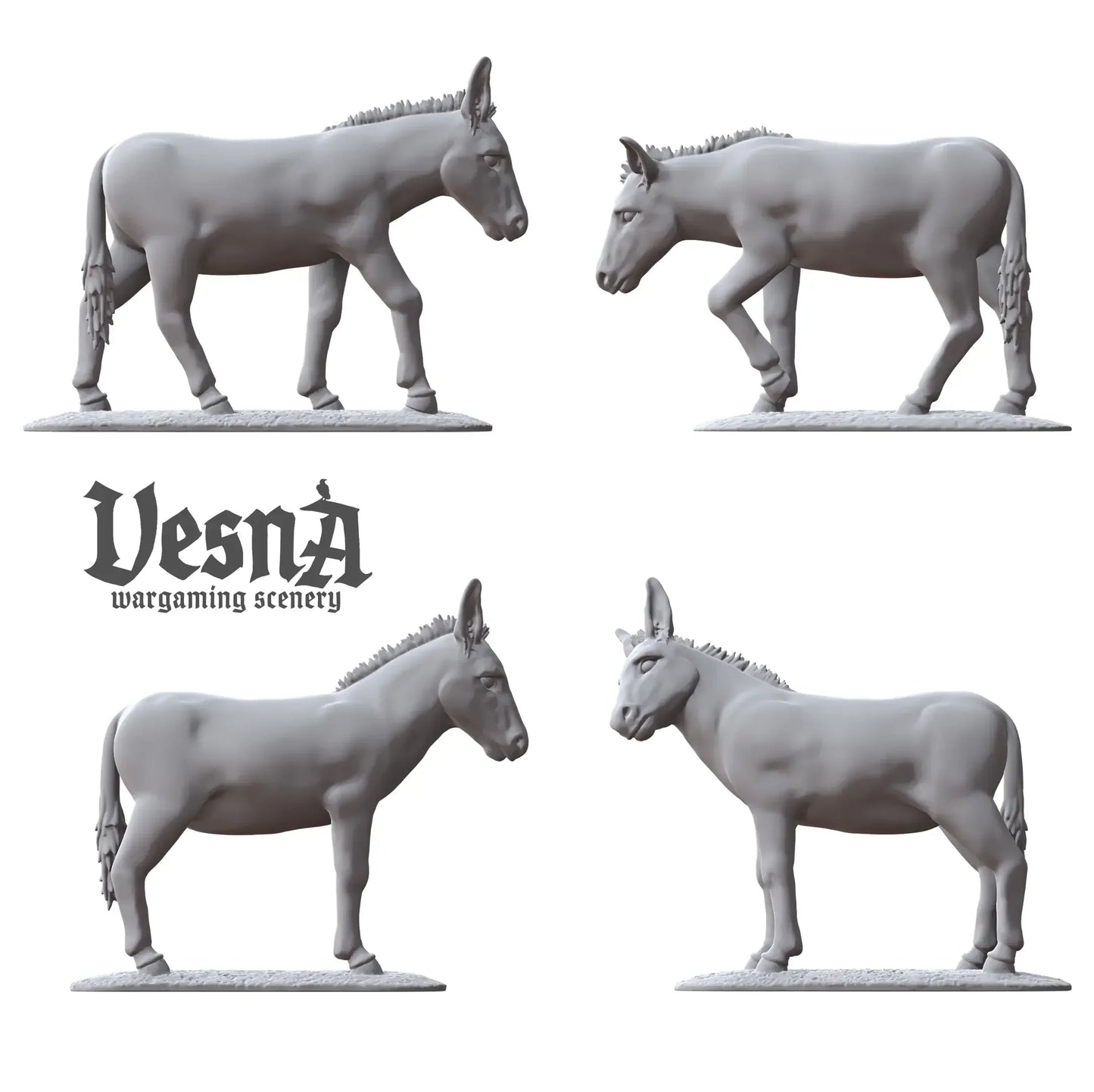 Four resin donkey miniatures in side view poses, perfect for fantasy or historical wargaming setups