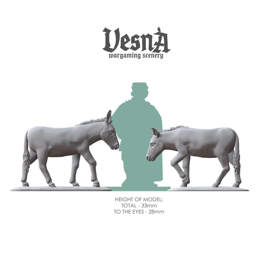 Size chart showing donkey miniatures next to human figure, 33mm tall resin farm animals for tabletop games