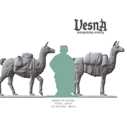 Size chart showing packed llama miniatures next to human figure, 33mm tall resin farm animals for tabletop gaming