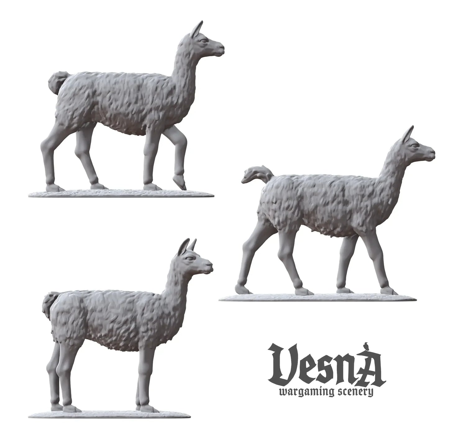 Three resin llama miniatures in various side poses, ideal for fantasy or historical wargaming tables