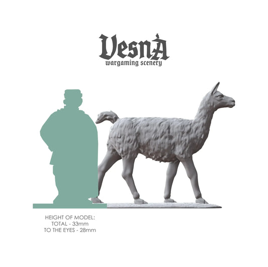 Size chart showing llama miniatures next to human figure, 33mm tall resin farm animals for tabletop gaming