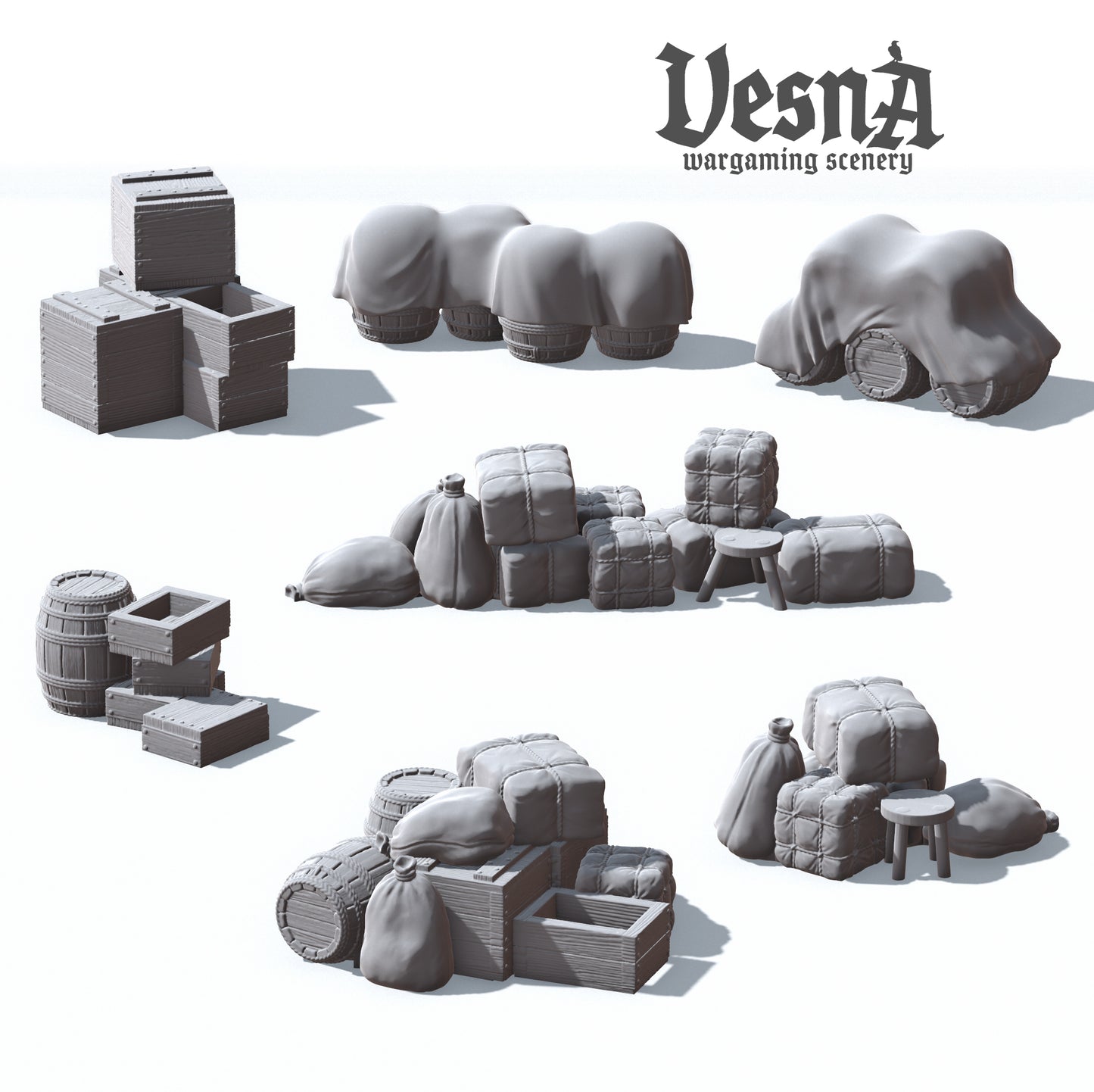 Resin scatter terrain set of crates, sacks, and barrels arranged in piles for TTRPG and tabletop wargaming by D&K Custom Prints