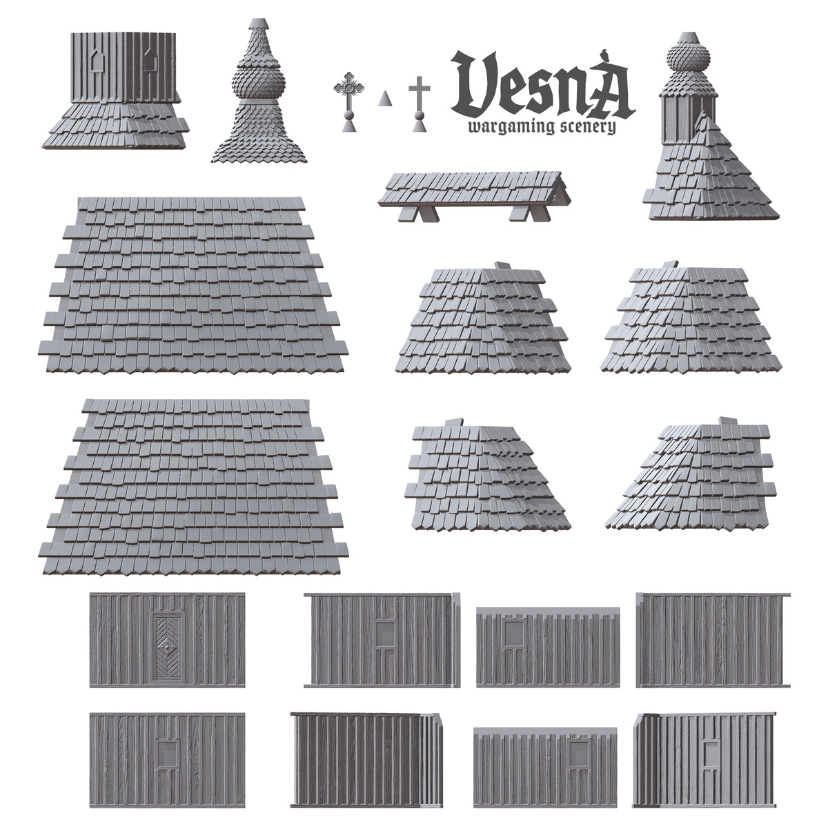 Wooden Church resin wargaming scenery with cross-topped towers, detailed wood textures, and modular roof and wall parts for tabletop terrain