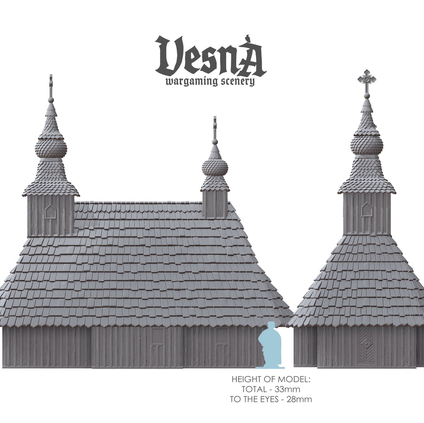 Wooden Church resin wargaming scenery with cross-topped towers, detailed wood textures, and modular roof and wall parts for tabletop terrain