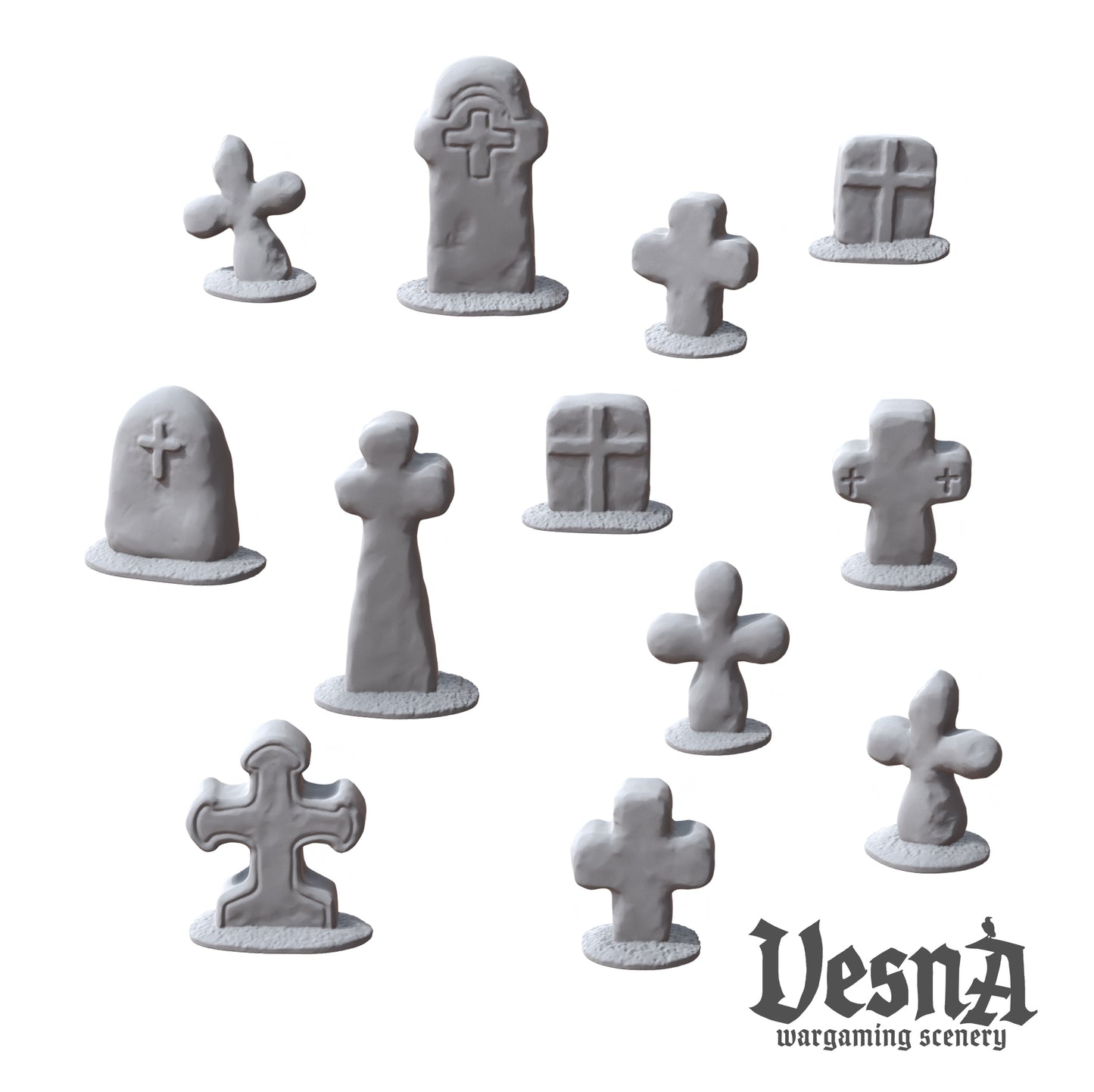 Grave Stones resin scenery set with gothic headstones and crosses for 28–32mm wargaming terrain and dioramas, shown in multiple angles
