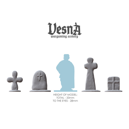 Grave Stones resin scenery set with gothic headstones and crosses for 28–32mm wargaming terrain and dioramas, shown in multiple angles