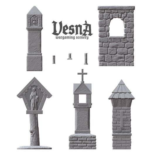 Wayside Shrines resin scenery set with five unique shrine designs for 28–32mm wargaming, gothic scatter terrain, and RPG diorama builds.