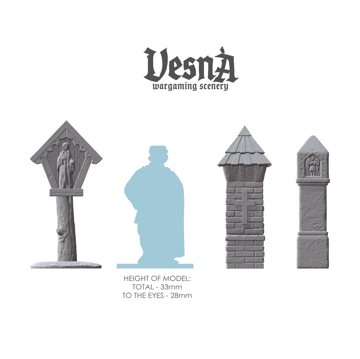 Wayside Shrines resin scenery set with five unique shrine designs for 28–32mm wargaming, gothic scatter terrain, and RPG diorama builds.