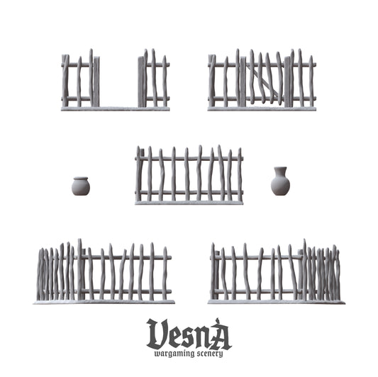Garden Fence wargaming scenery – 28 mm scale resin terrain with wooden pickets and pots for tabletop and diorama layouts.
