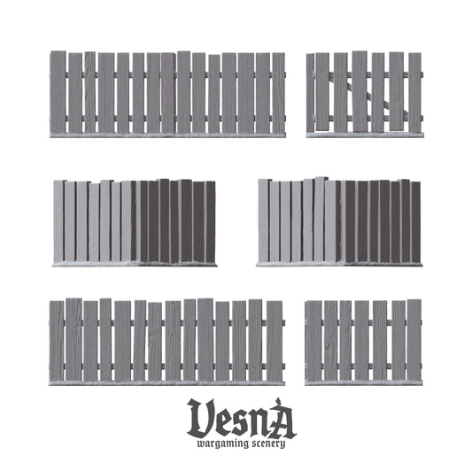 Village Fence wargaming scenery – 28 mm scale resin terrain set with plank fences and gates for tabletop and diorama layouts.