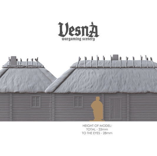 Wooden House wargaming scenery – 28 mm scale resin terrain with thatched roof and log walls for tabletop and diorama setups.