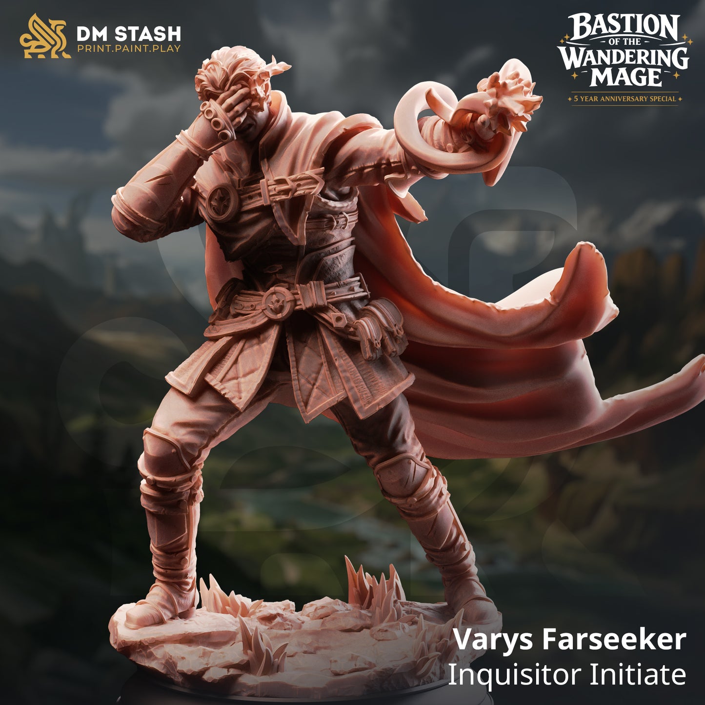 Varys Farseeker Inquisitor Initiate resin miniature by DM Stash holding his hand over his eyes while casting a swirling spell, printed by D&K Custom Prints.